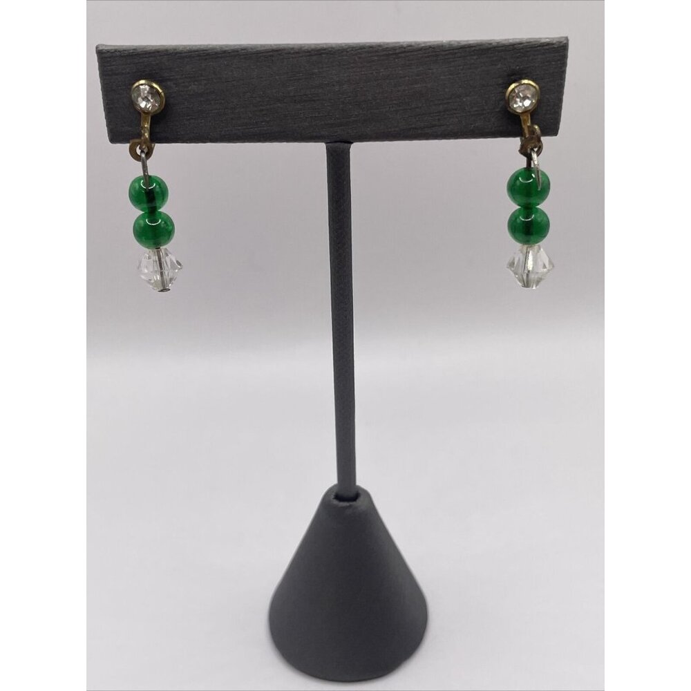 Vintage Green Lucite & Clear Bead Dangle Drop Screw Back Earrings Antique? AL2.4